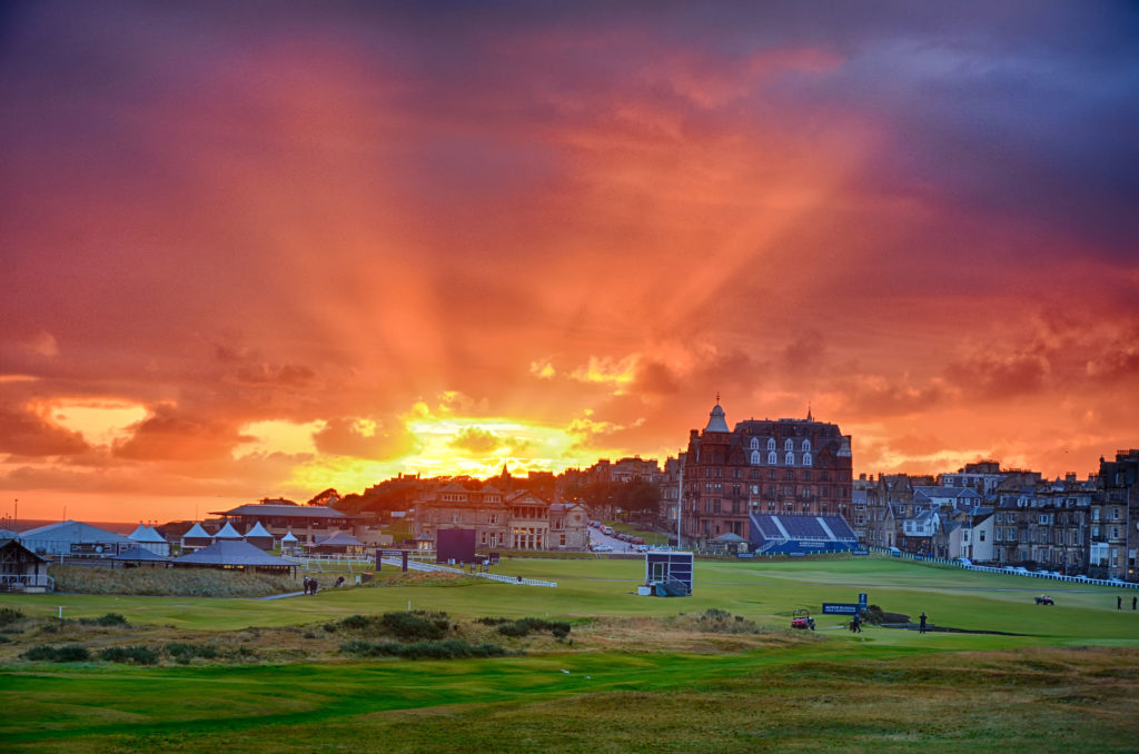 The Old Course at St. Andrews during sunrise