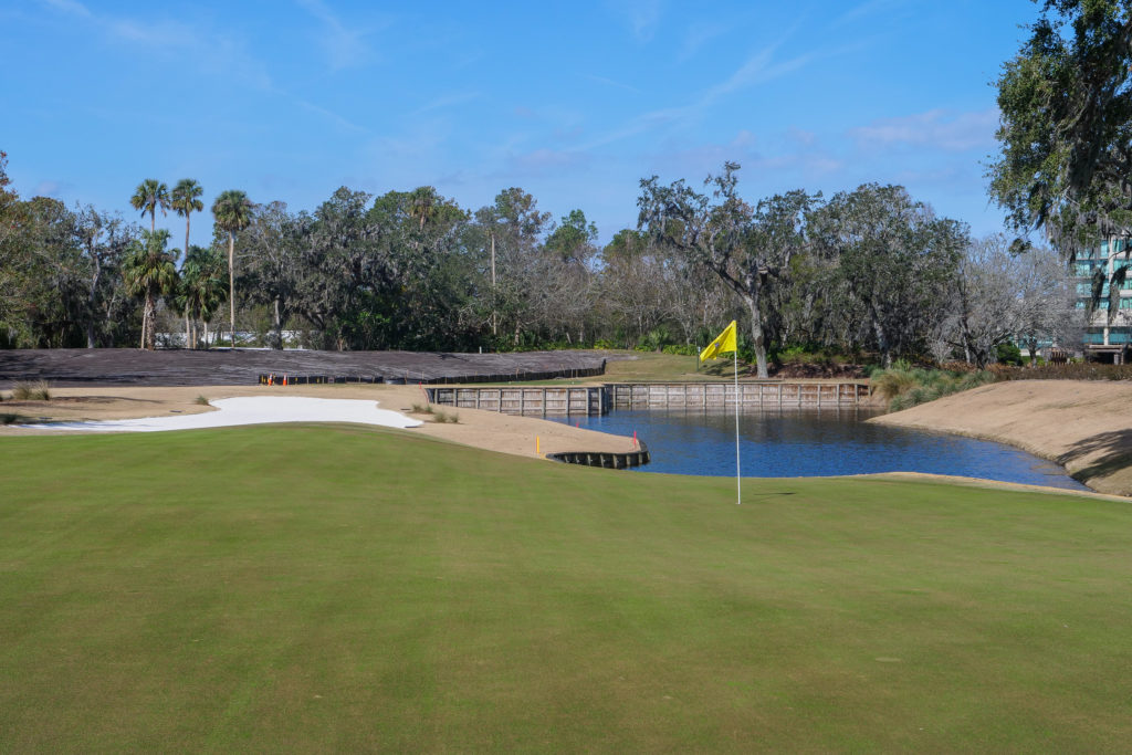 Looking back at the green on the par 3, 13th at TPC Sawgrass in Ponte Vedra Beach, Florida.